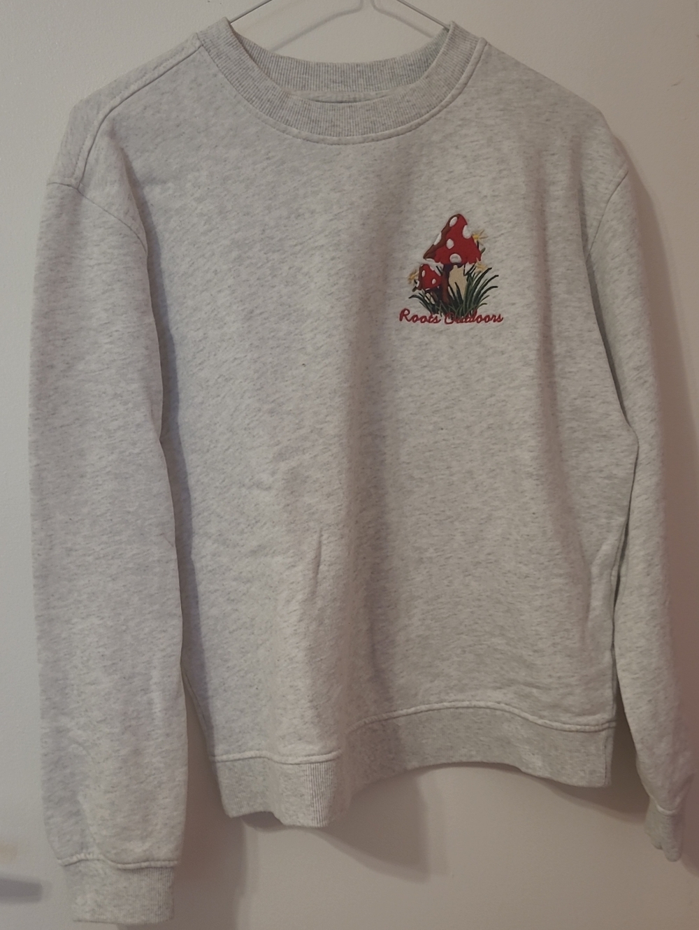 Roots Light Gray Crewneck Sweatshirt with Red Mushroom Embroidery